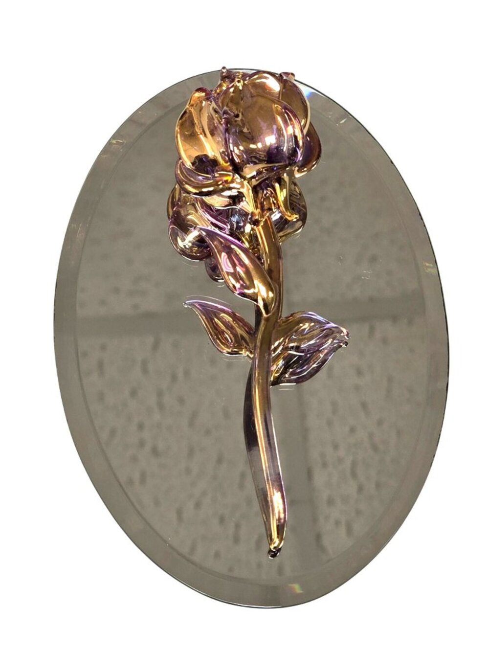 Vintage Gold & Purple Hand Blown Glass Rose Figurine Oval Mirror Base